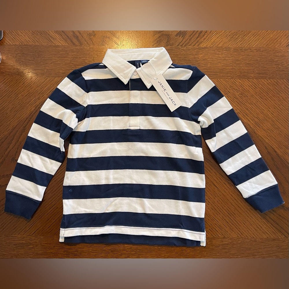 Janie and Jack Navy and White Long Sleeve Polo Shirt- size 3